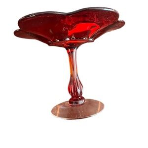 Candy dish, red on clear pedestal, LE Smith? Viking?
